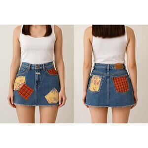 Vtg Marithé François Girbaud Upcycled Jean Mini Skirt Patchwork Floral Plaid XS